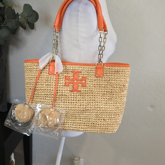Tory Burch Shoulder Straw Gold Chain Orange and Tan Woven Tote - Picture 10 of 10